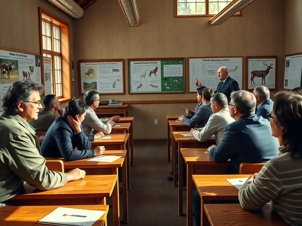 A classroom setting where ACCA instructors are teaching ethical hunting practices to new members, using visual aids and interactive discussions.