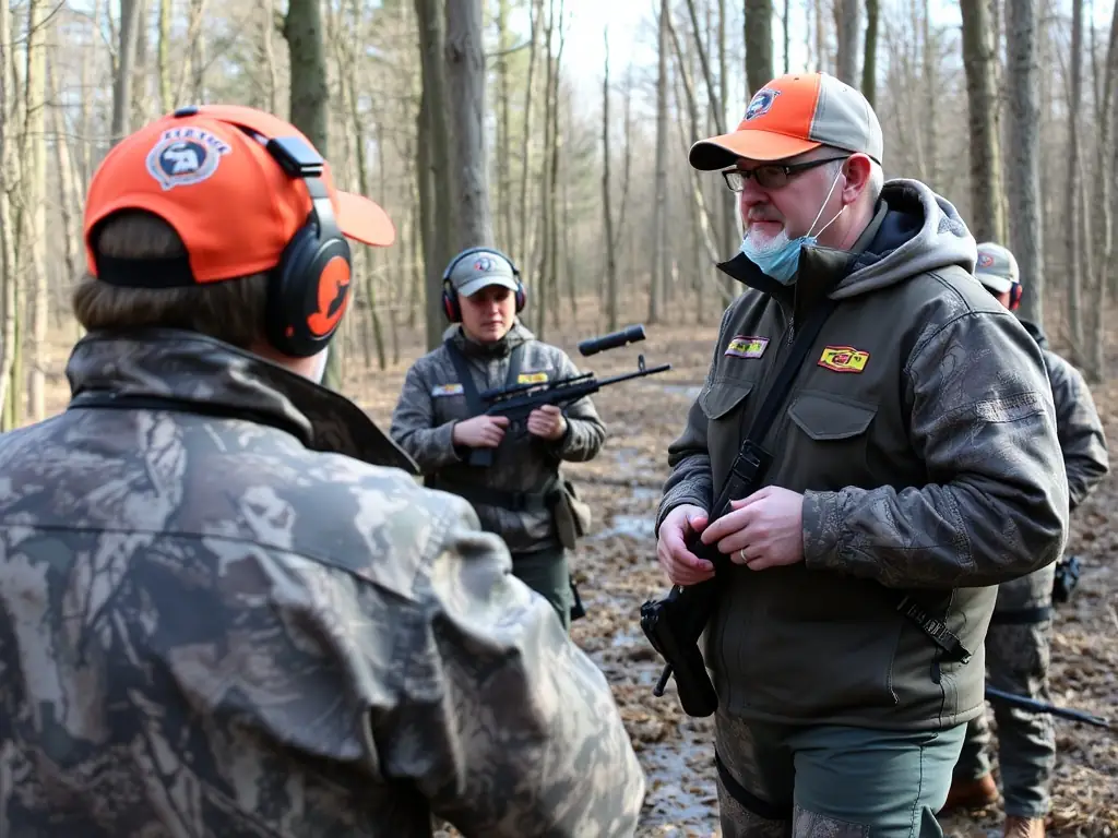 A photograph of instructors demonstrating ethical hunting techniques to a group of new hunters in a controlled environment.
