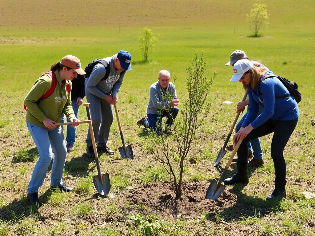 Volunteers planting trees as part of a reforestation project in a previously cleared area, with saplings and tools visible.