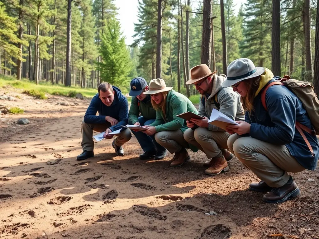 A group of ACCA members participating in a wildlife census in the Saint-Martin Sous Vigouroux region, using binoculars and notebooks to record animal sightings in a natural habitat.