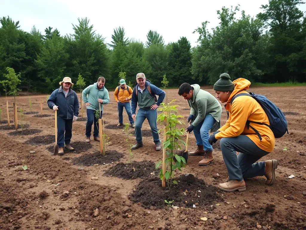 ACCA members planting trees as part of a reforestation project in a deforested area near Saint-Martin Sous Vigouroux, showcasing their commitment to habitat restoration.