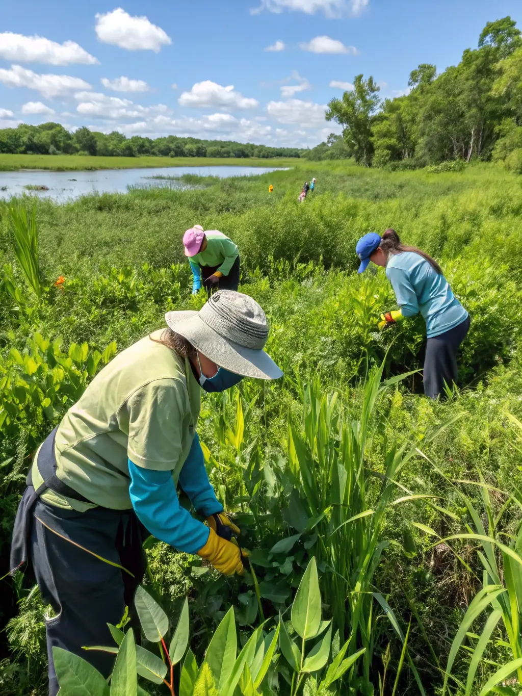 A photograph capturing a group of volunteers cleaning up a local wetland area, removing debris and invasive species to improve the ecosystem's health.