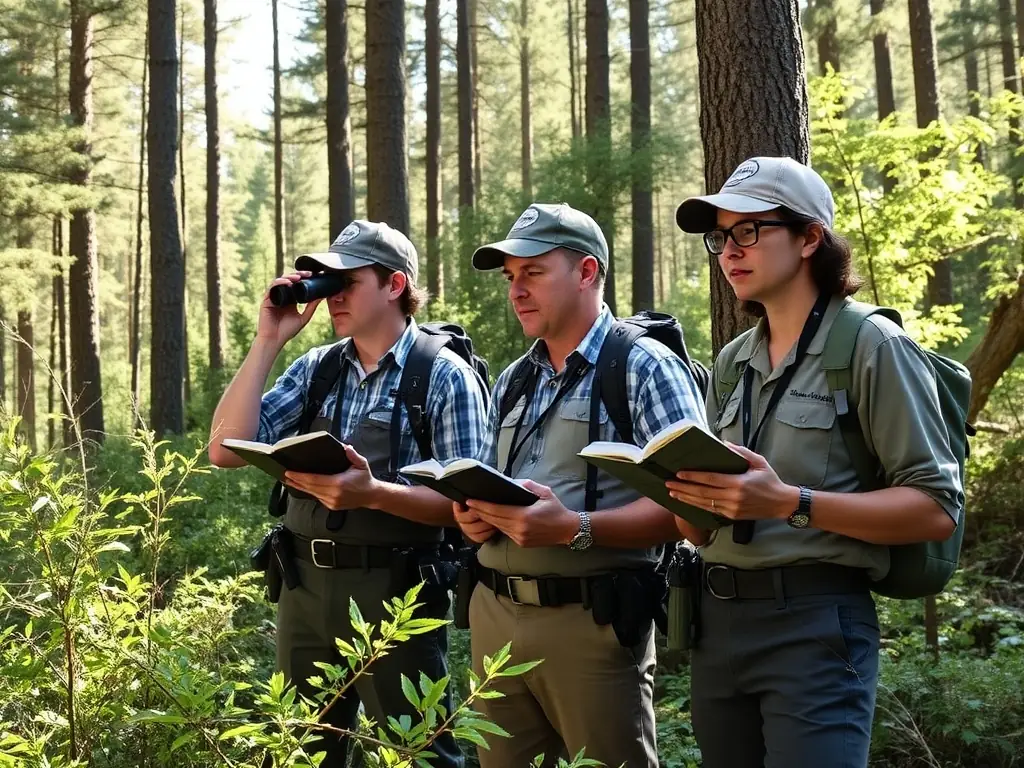 A group of ACCA members participating in a wildlife census in a forest clearing, using binoculars and notebooks to record their observations.