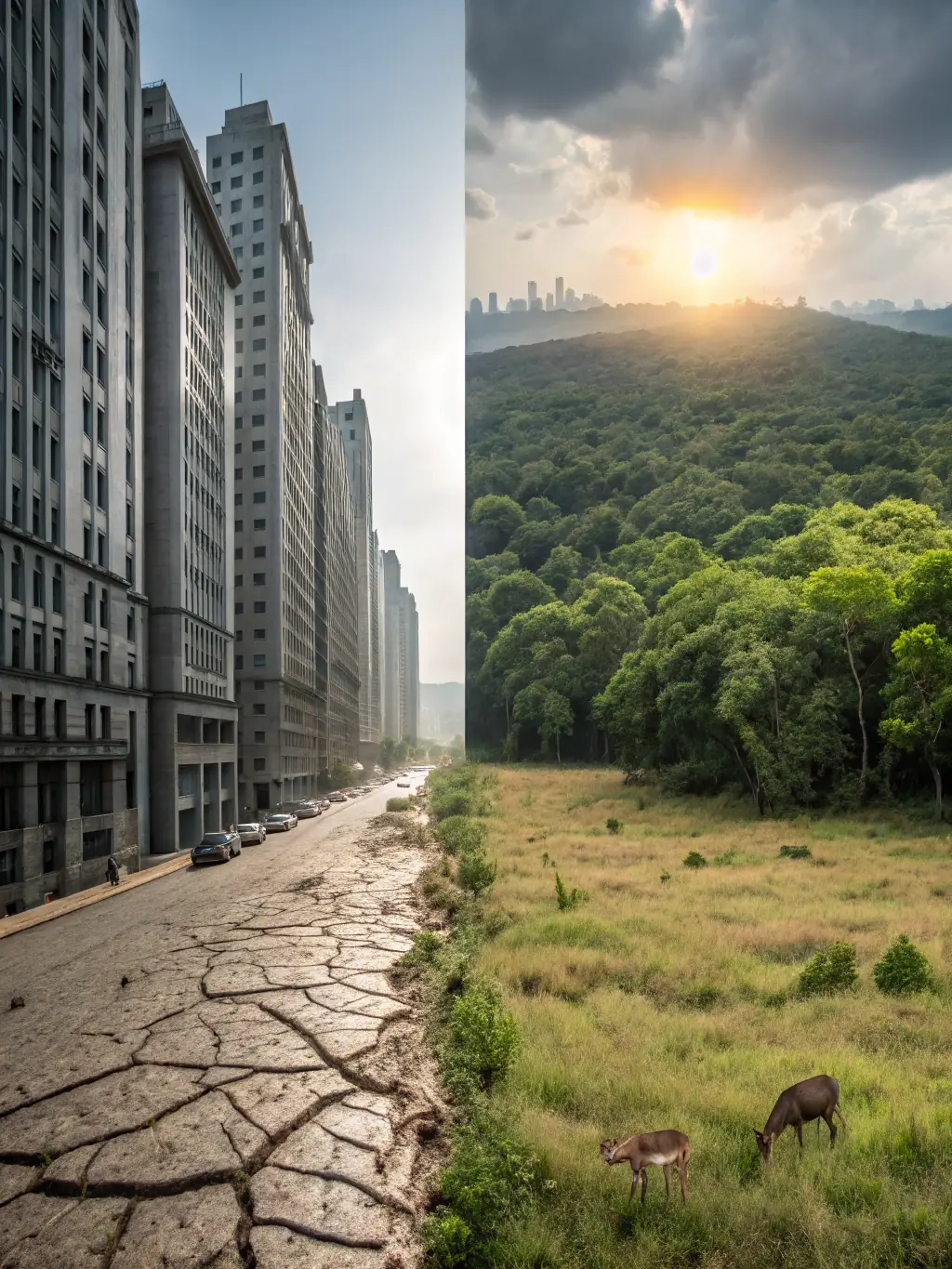A before-and-after shot of a habitat restoration project, showing reforestation and wetland preservation efforts, highlighting ecological improvements.
